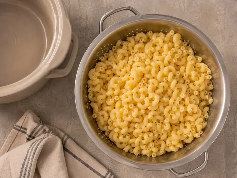 Elbow macaroni cooked al dente and drained for slow cooker mac and cheese.
