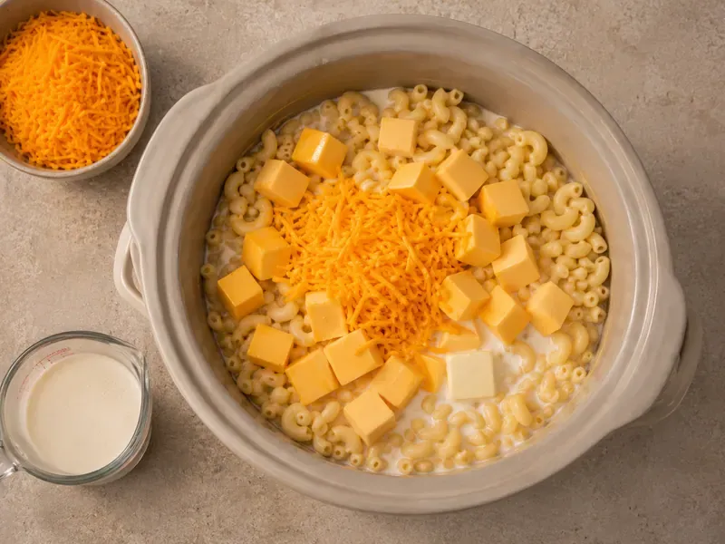 Velveeta mac and cheese base ingredients added to a crock pot.