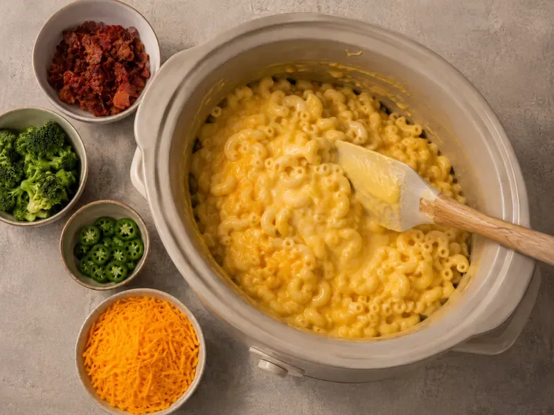 Crock pot mac and cheese stirred while the cheese melts into a creamy sauce.