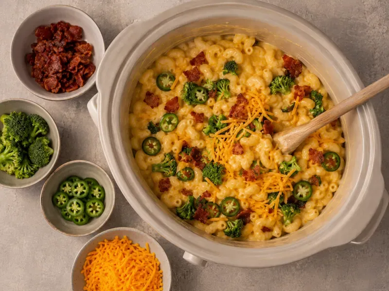 Bacon, broccoli, jalapeños, or extra cheese stirred into creamy crock pot mac and cheese.