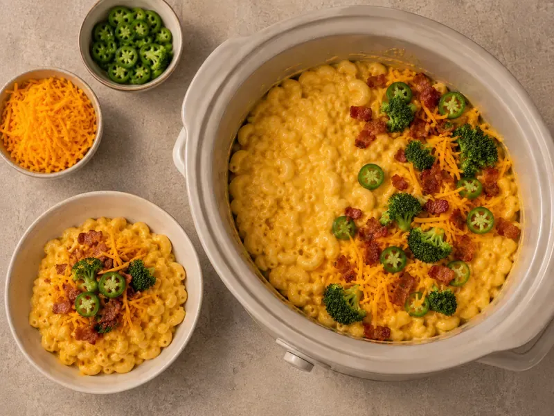 Finished crock pot recipes mac and cheese with velveeta served creamy with optional toppings.