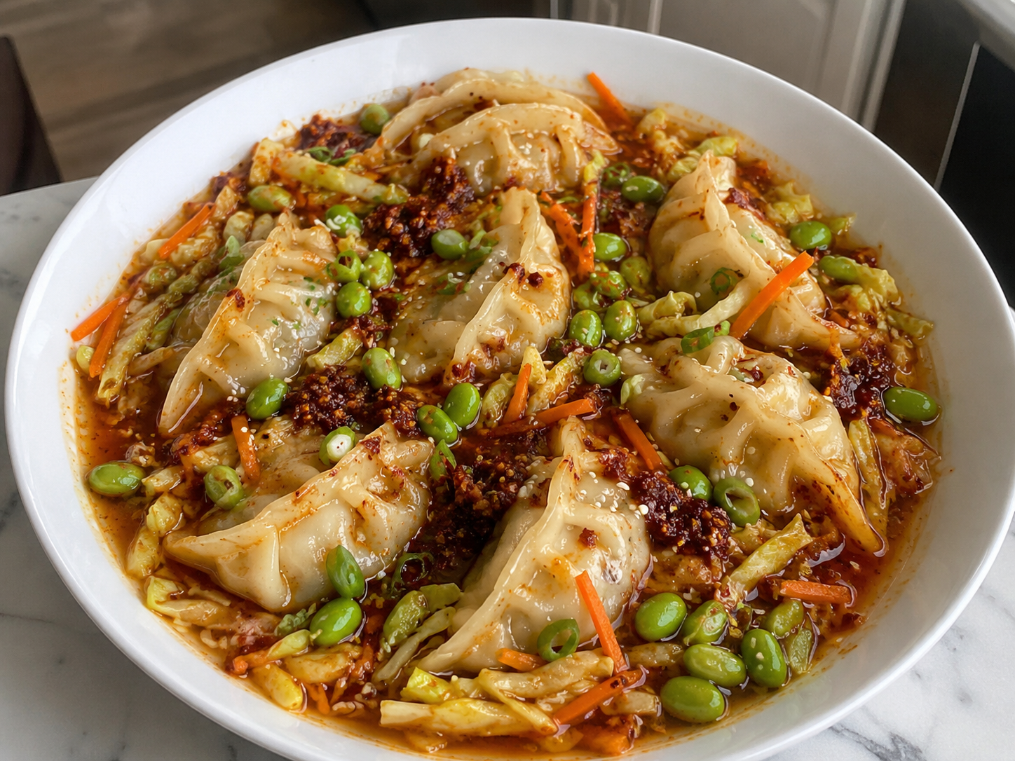 Frozen dumpling bake with cabbage, carrots, edamame, green onions, sesame seeds, and chili crisp drizzle.