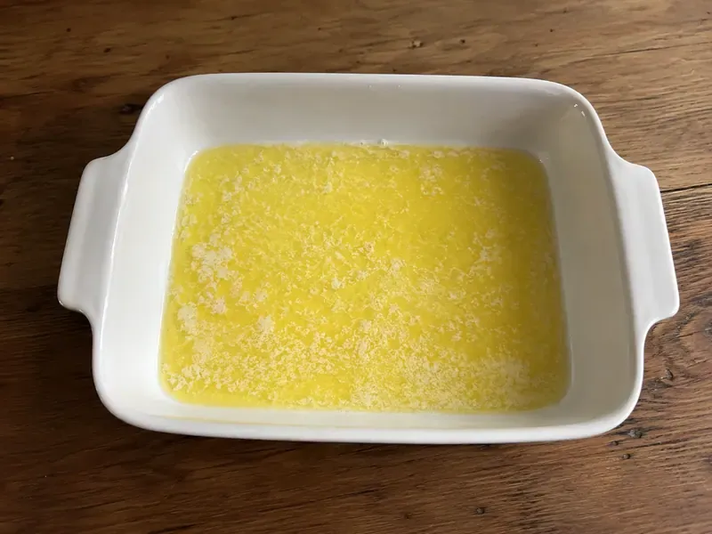 Butter melted in a baking dish.