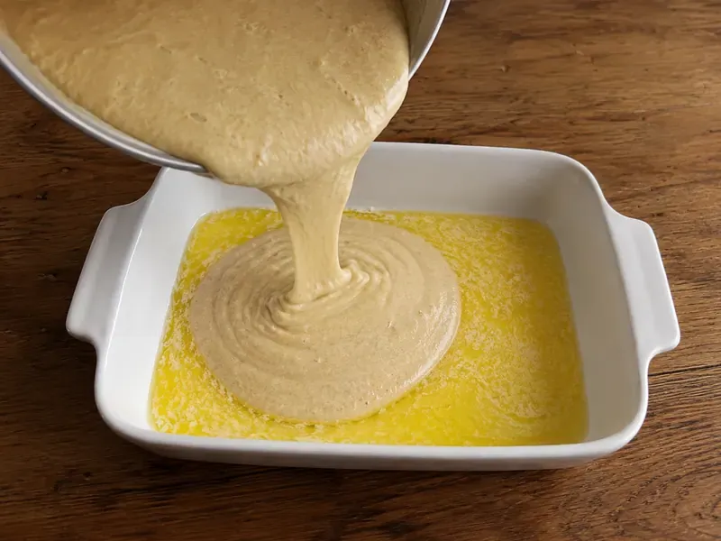 Cobbler batter poured over melted butter in a baking dish.