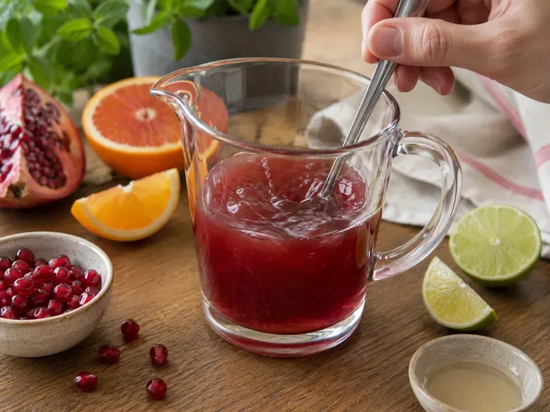 Pomegranate juice, orange juice, lime juice, and syrup mixed in a pitcher.
