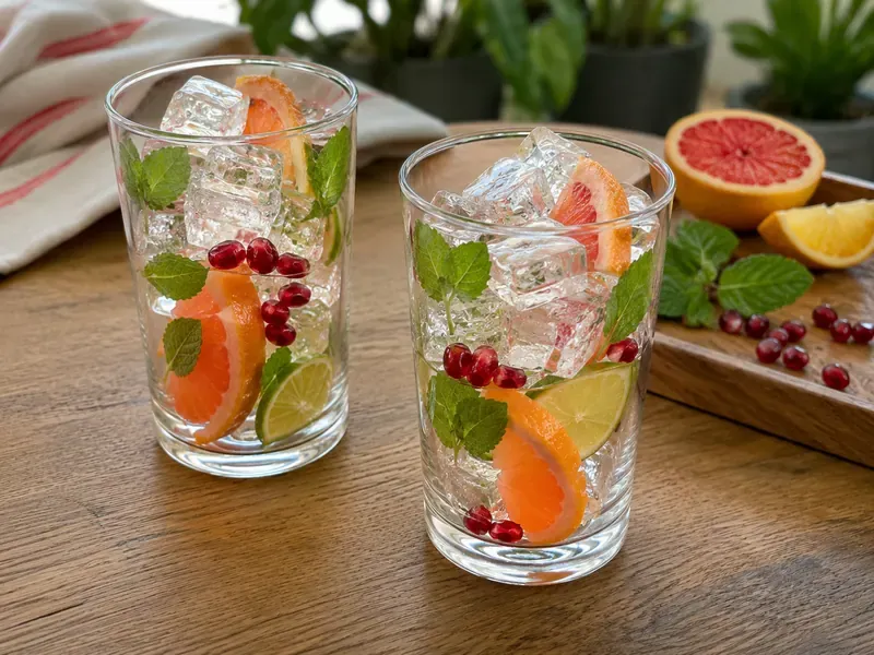 Glasses filled with ice, citrus slices, mint, and pomegranate arils.