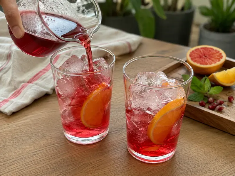 Pomegranate juice mixture poured over ice and citrus in glasses.
