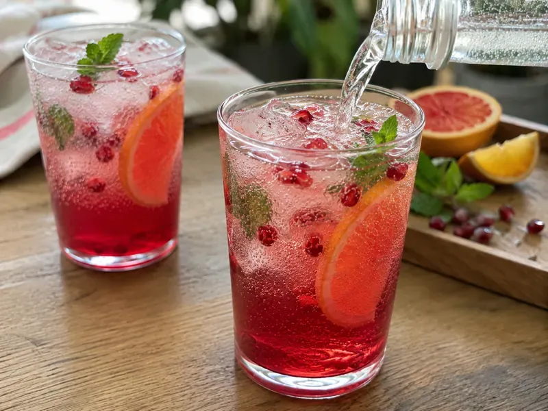 Sparkling water poured into a pomegranate mocktail to add bubbles.