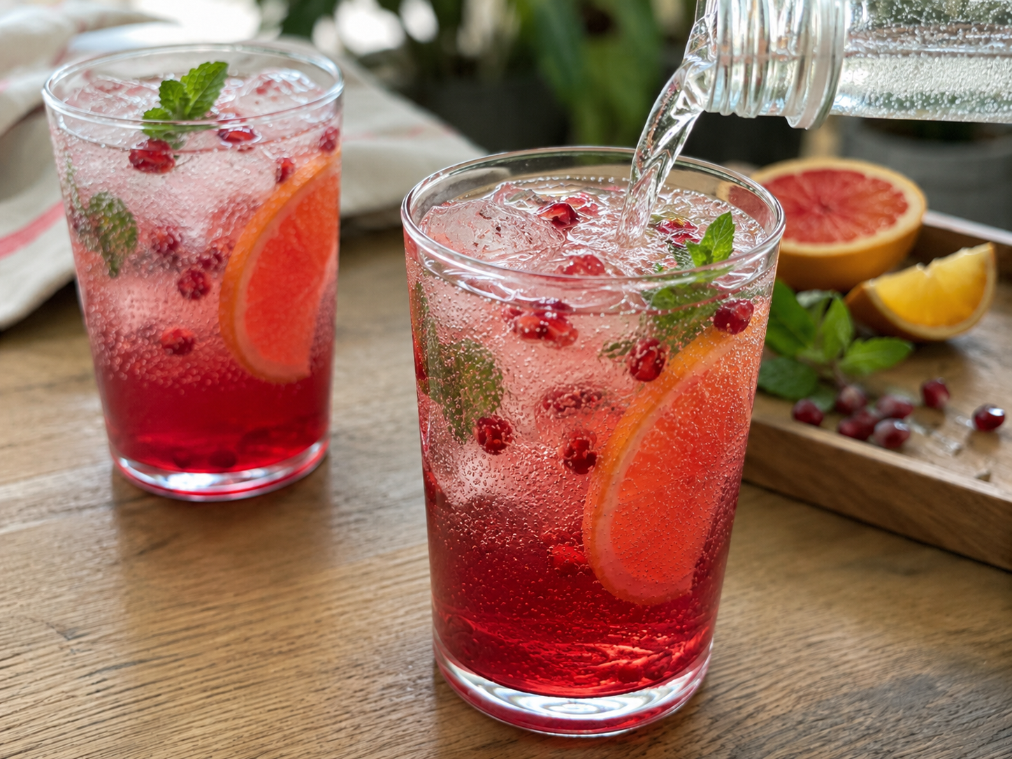Sparkling water poured into a pomegranate mocktail to add bubbles.