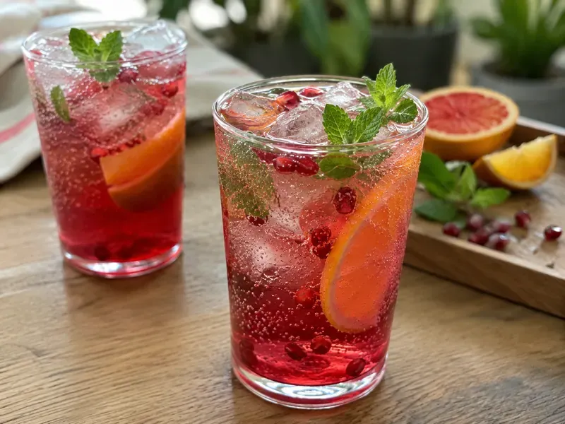 Finished Easy Pomegranate Spritz Mocktail with ice, citrus, mint, and bubbles.