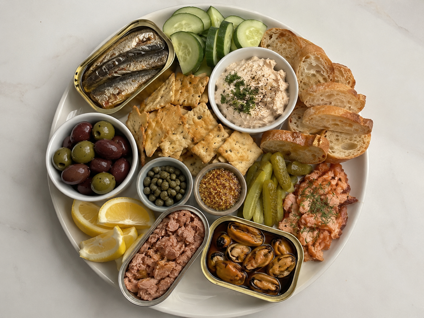 Easy tinned fish charcuterie board with sardines, tuna, crackers, pickles, olives, lemon, herbs, and creamy spread.