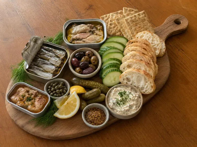 Finished Easy Tinned Fish Charcuterie Board with opened tins of fish, crackers, fresh toppings, and briny sides.