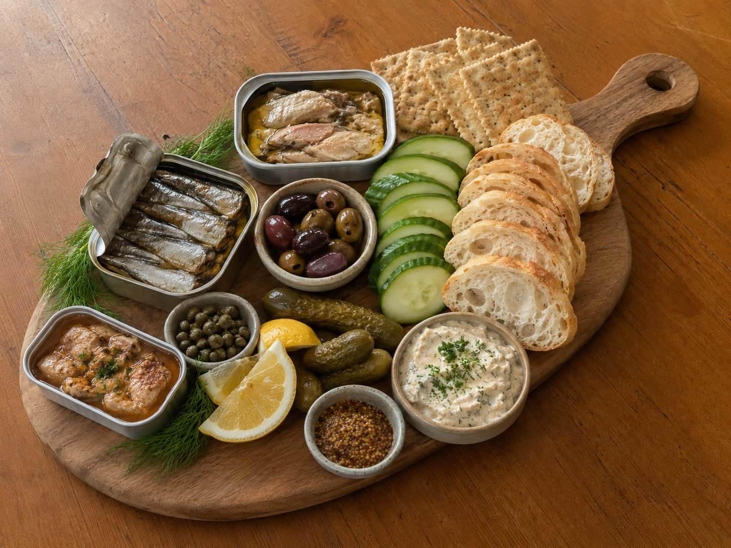 Finished Easy Tinned Fish Charcuterie Board with opened tins of fish, crackers, fresh toppings, and briny sides.