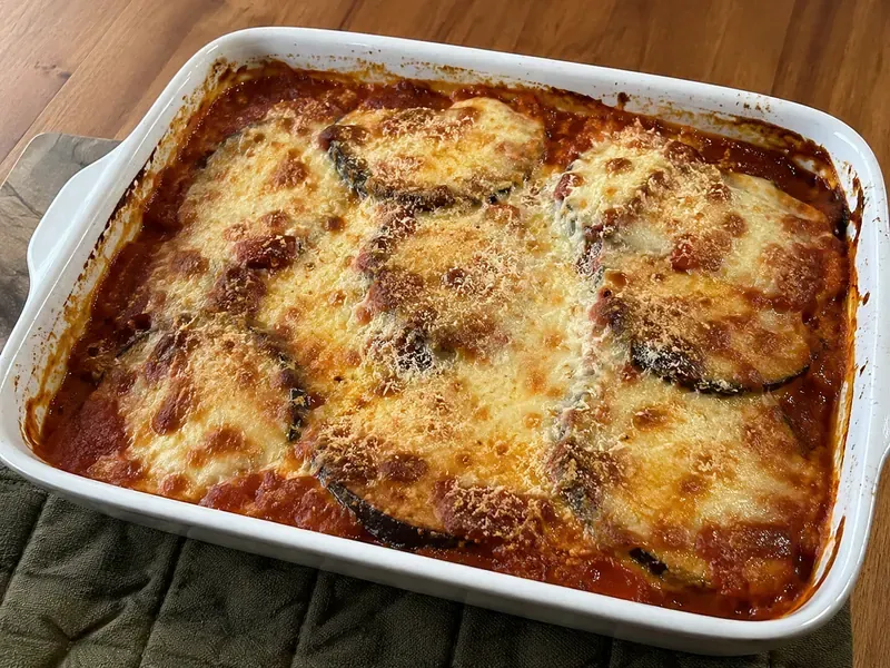 Eggplant parmesan baked until cheese is melted and bubbling.