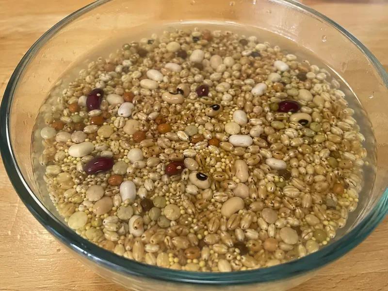 Grains, beans, millet, and lentils soaking in a bowl of water for Ezekiel bread.