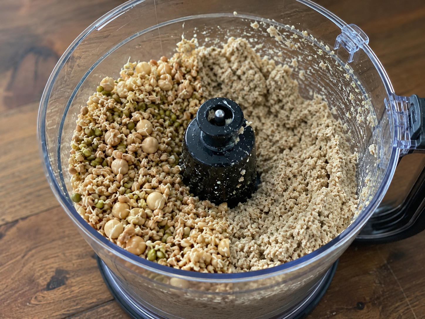 Sprouted grains and legumes ground in a food processor for bread dough.
