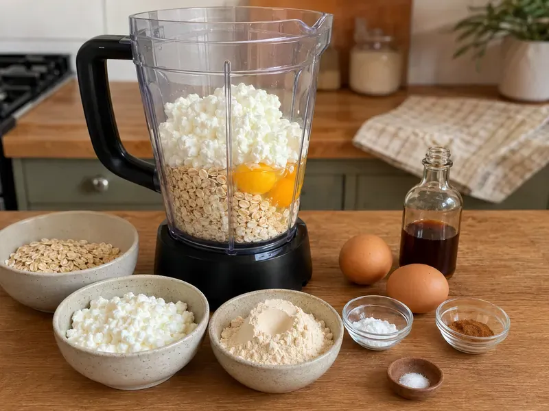 Cottage cheese, eggs, oats, protein powder, baking powder, vanilla, cinnamon, and salt added to a blender.