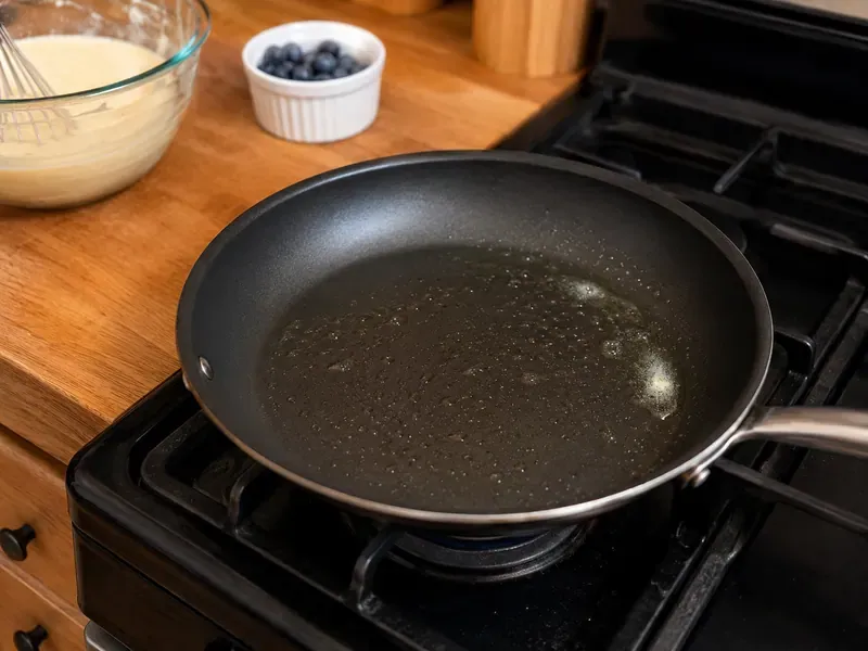 Lightly greased skillet heating on a stovetop for protein pancakes.