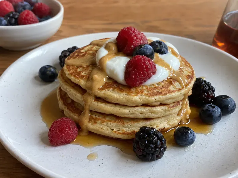 Finished fluffy cottage cheese protein pancakes stacked with berries, Greek yogurt, maple syrup, and nut butter.