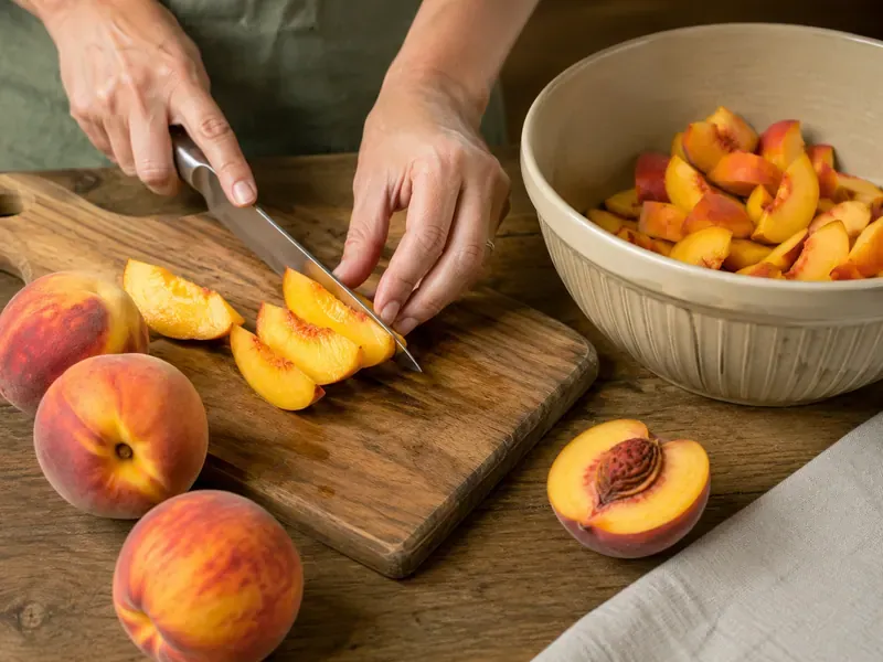 Fresh ripe peaches sliced on a cutting board for peach crisp.