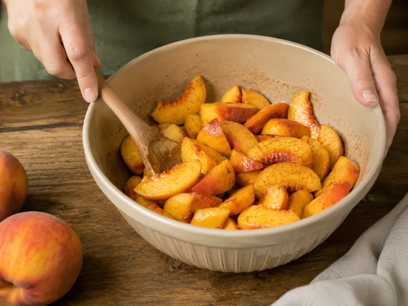 Sliced peaches tossed with sugar, lemon juice, cornstarch, cinnamon, vanilla, and salt.