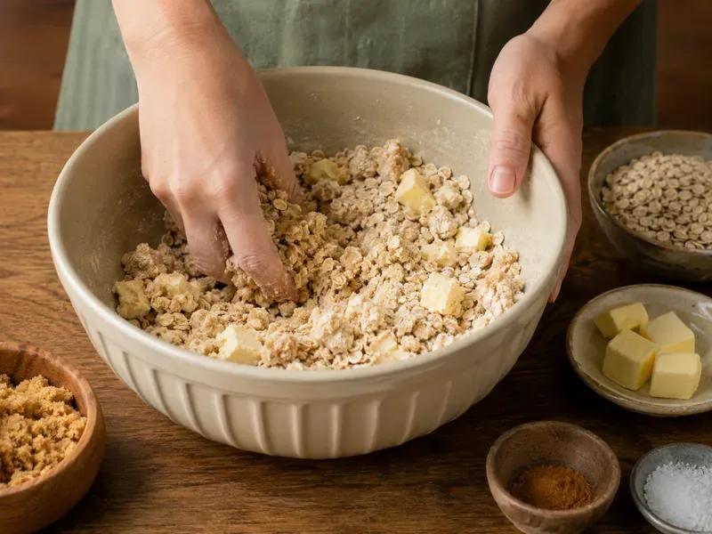 Oats, flour, brown sugar, cinnamon, and cold butter mixed into a crumbly crisp topping.