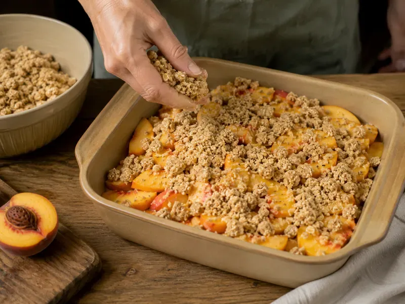 Peach filling covered with oat crumble topping in a baking dish.