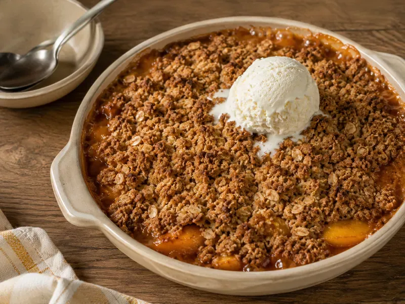 Finished fresh peach crisp baked until golden with bubbling peach filling.