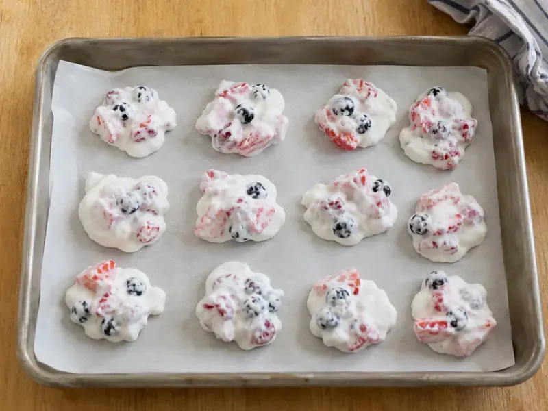 Frozen yogurt fruit clusters firm on a parchment-lined tray.