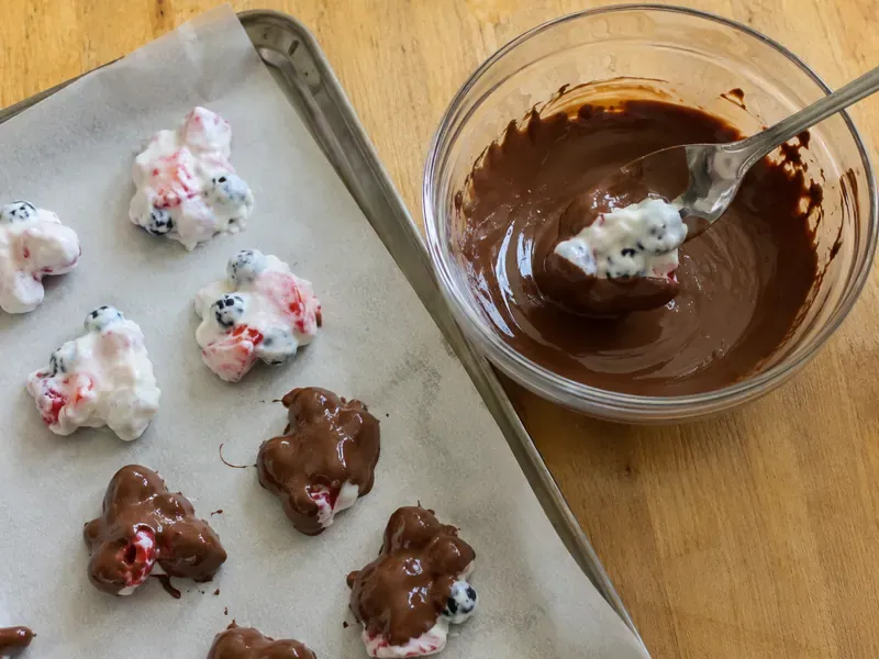 Frozen yogurt fruit clusters dipped in melted chocolate.