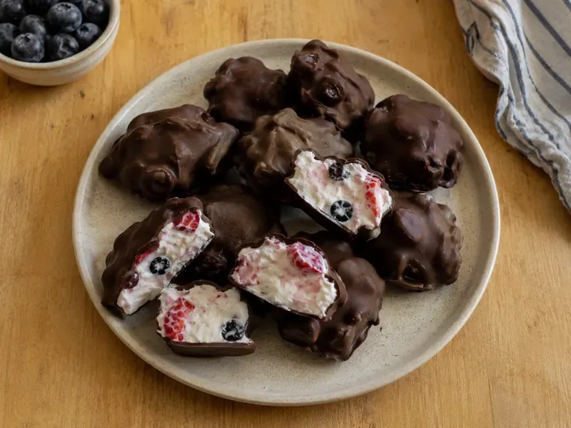 Finished frozen yogurt fruit clusters with a crisp chocolate shell.