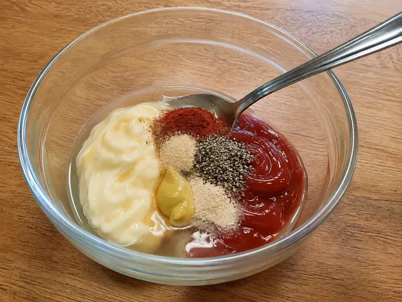 Pickle juice, mustard, garlic powder, onion powder, paprika, and pepper added to fry sauce.