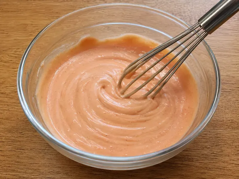 Fry sauce whisked until smooth, creamy, and pink-orange.