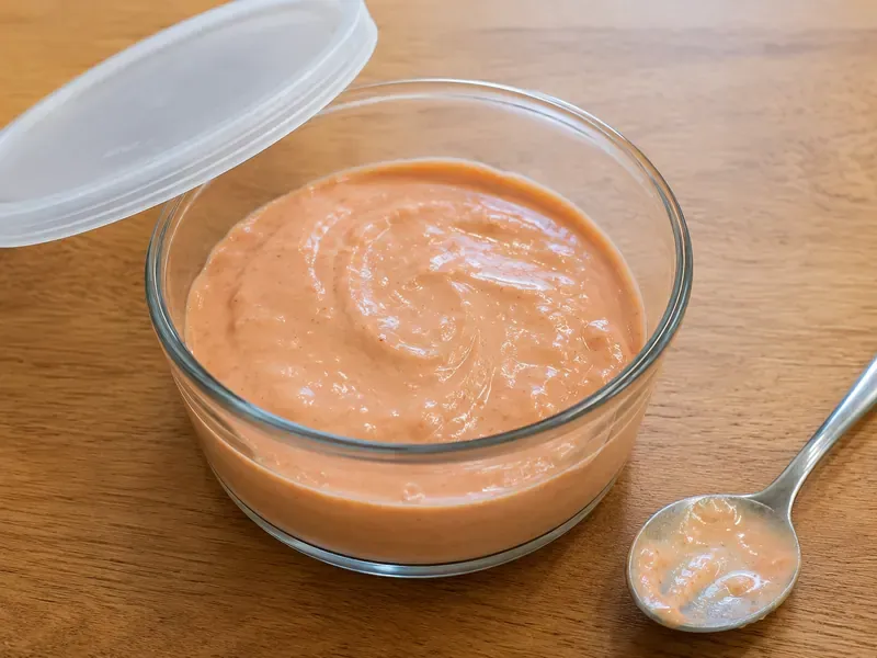 Finished fry sauce in a small bowl ready to chill.