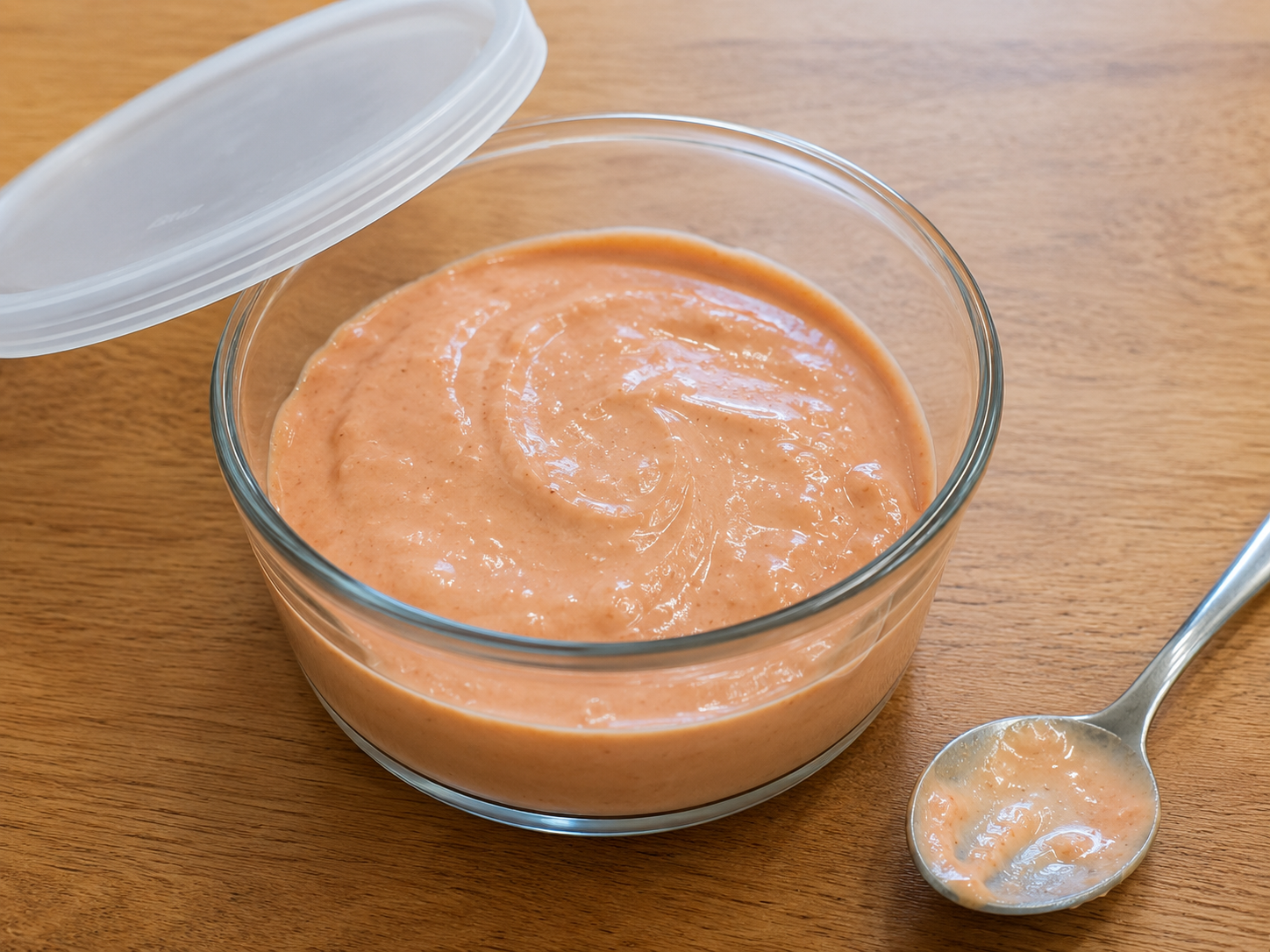 Finished fry sauce in a small bowl ready to chill.