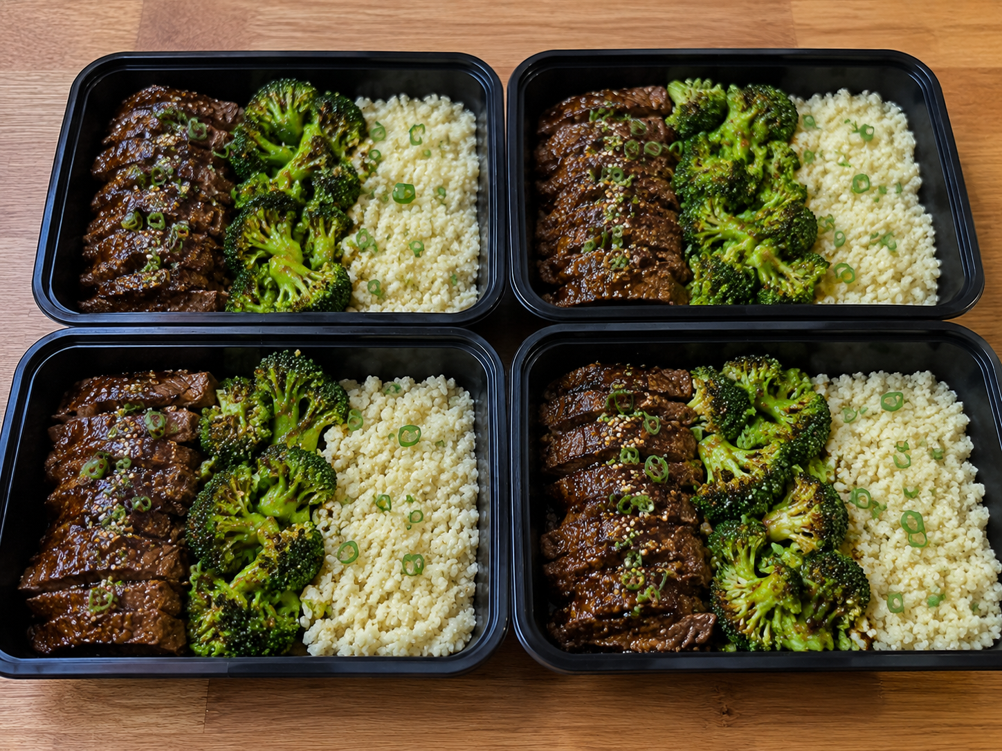 Finished garlic beef and broccoli meal prep boxes with cauliflower rice, beef slices, broccoli, and garlic sauce.
