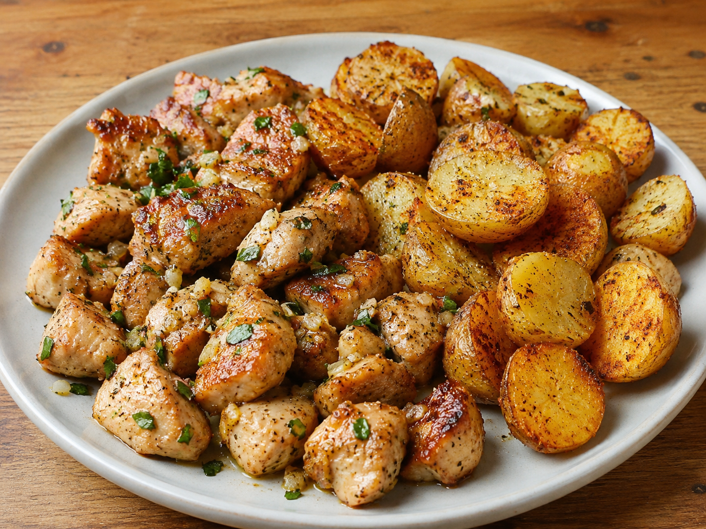 Garlic butter chicken and potatoes served on a plate with golden roasted baby potatoes, juicy chicken bites, parsley, and garlic butter.