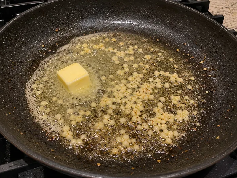 Butter melting in a skillet with minced garlic to make garlic butter sauce.