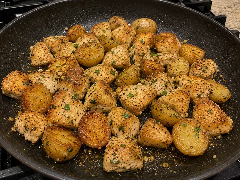 Cooked chicken bites and roasted potatoes tossed together in garlic butter with parsley in a skillet.