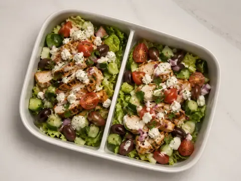 Greek chicken cucumber feta salad box with romaine, tomatoes, red onion, olives, parsley, and lemon yogurt dressing.