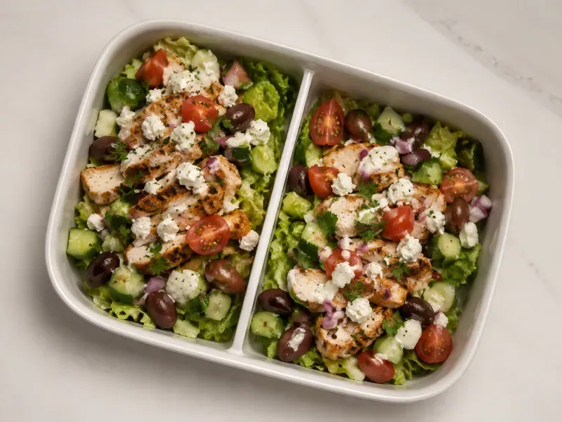 Greek chicken cucumber feta salad box with romaine, tomatoes, red onion, olives, parsley, and lemon yogurt dressing.