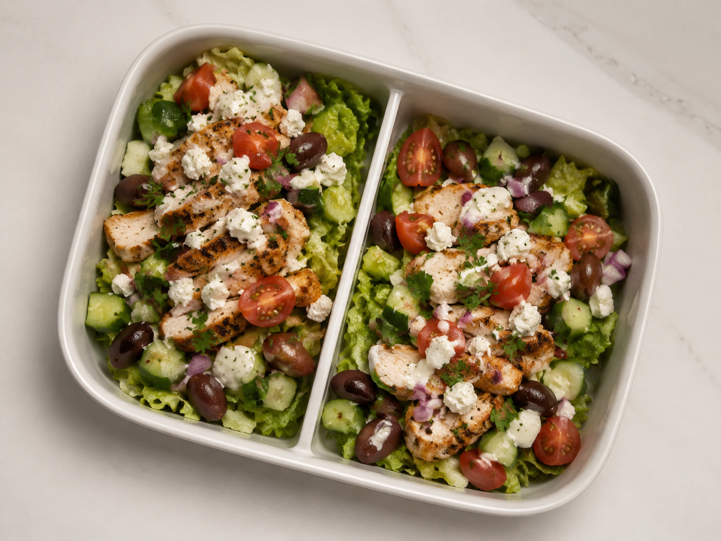 Greek chicken cucumber feta salad box with romaine, tomatoes, red onion, olives, parsley, and lemon yogurt dressing.