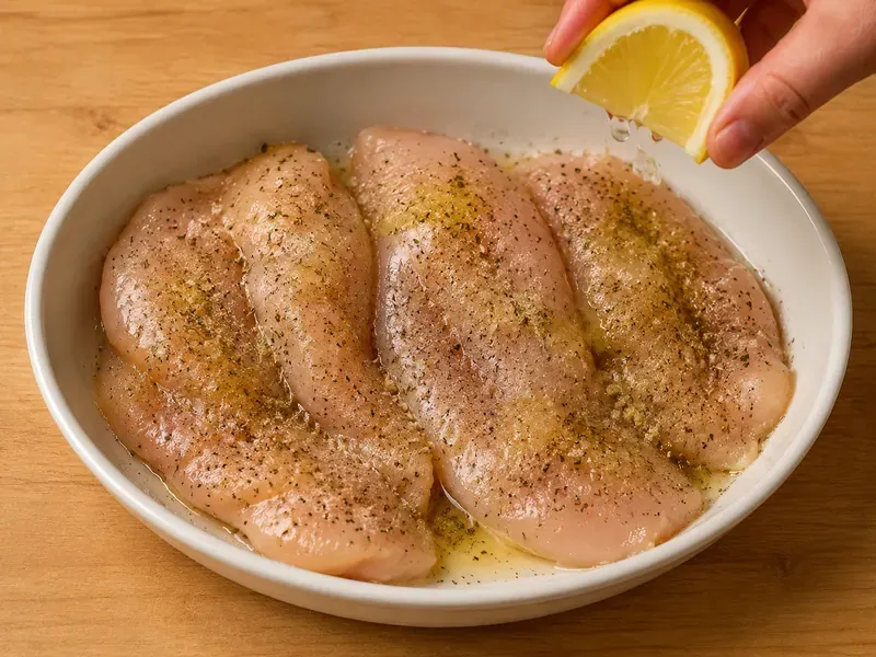 Chicken seasoned with olive oil, lemon juice, oregano, garlic powder, salt, and pepper.