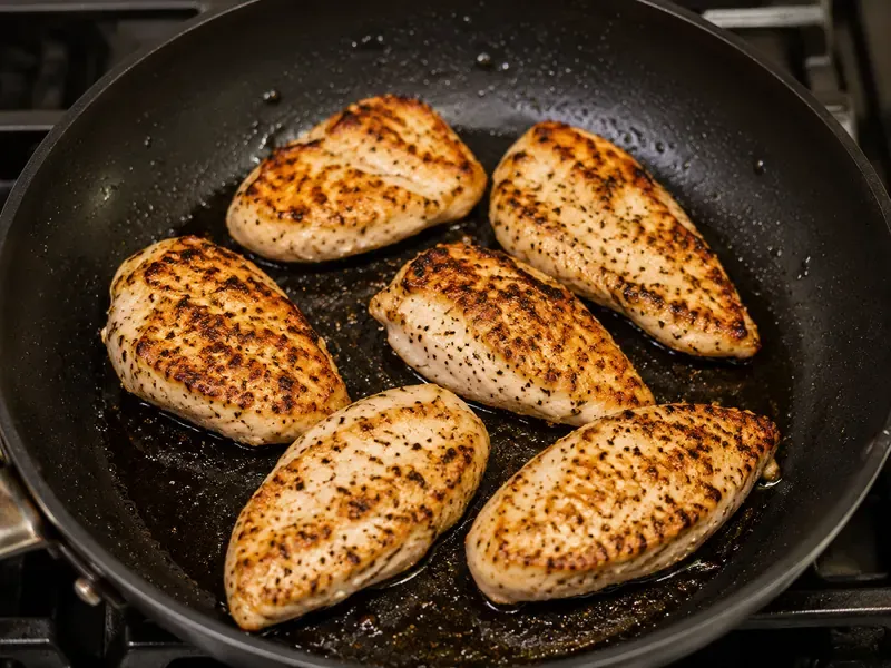 Greek-style chicken cooked until golden and sliced for salad boxes.