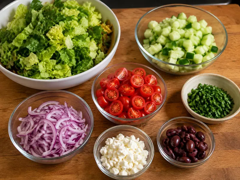 Romaine, cucumber, tomatoes, red onion, feta, olives, and parsley prepared for Greek chicken salad boxes.