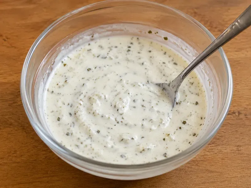 Lemon yogurt dressing mixed with garlic, oregano, salt, and pepper for Greek chicken salad boxes.
