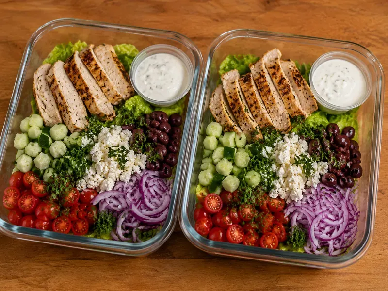 Finished Greek chicken cucumber feta salad boxes with romaine, chicken, cucumber, tomatoes, red onion, feta, olives, parsley, and dressing.
