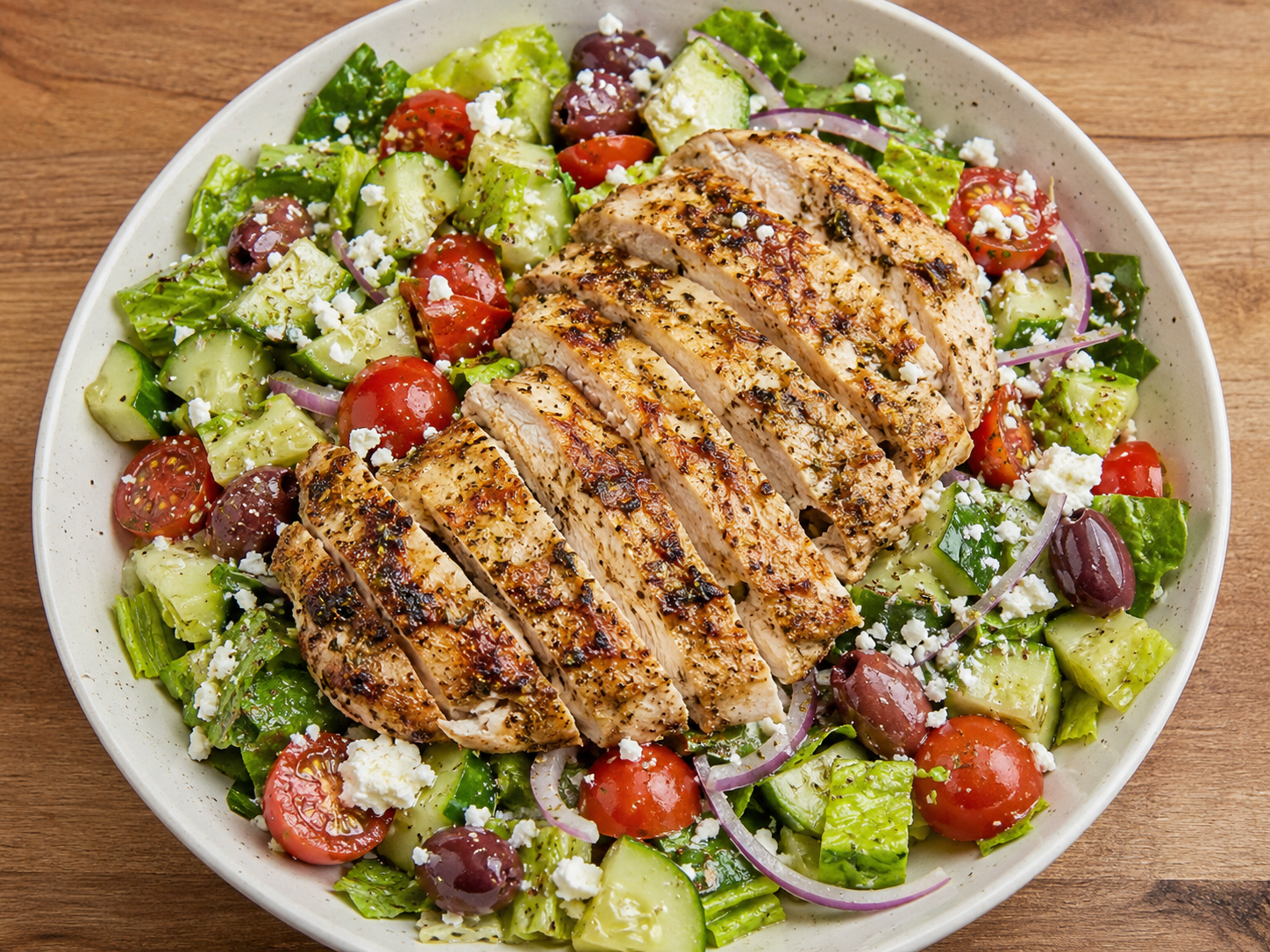 Greek chicken salad with sliced chicken, romaine, cucumber, tomatoes, red onion, olives, feta, and lemon herb dressing.