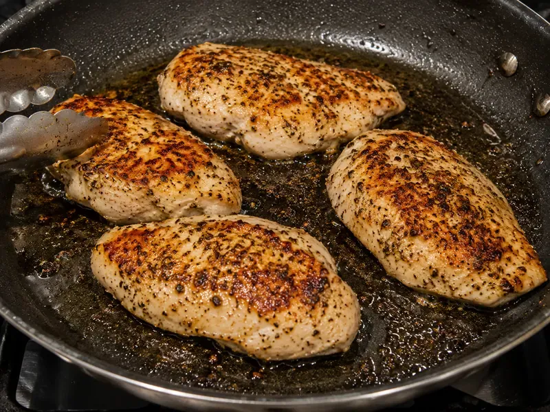 Chicken cooking in a skillet until golden for Greek chicken salad.
