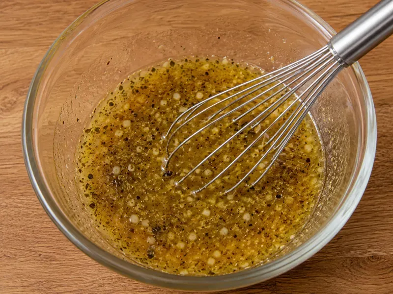 Lemon herb dressing mixed in a bowl with olive oil, lemon juice, vinegar, garlic, oregano, mustard, salt, and pepper.